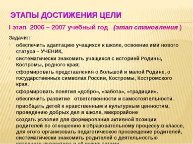 ЭТАПЫ ДОСТИЖЕНИЯ ЦЕЛИ I этап 2006 – 2007 учебный год (этап становления ) Зада...