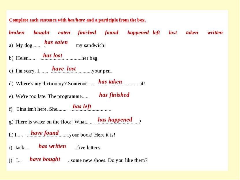 Complete each sentence with has/have and a participle from the box. broken bo...