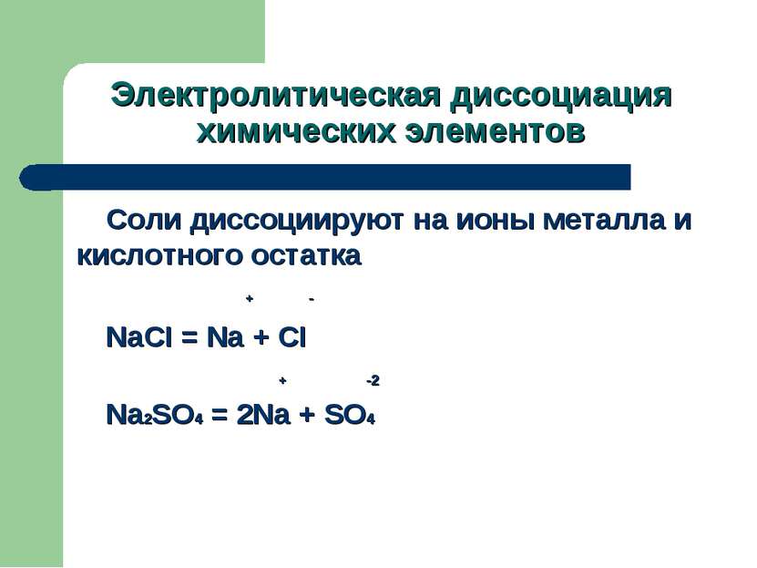 Электролитическая диссоциация химических элементов Соли диссоциируют на ионы ...