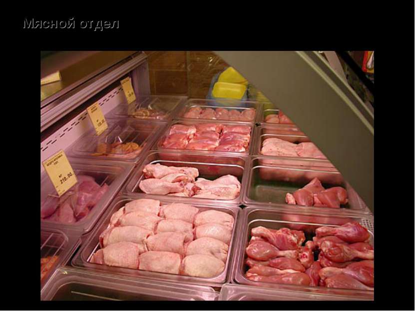 Мясной отдел – продажа мяса, мясных полуфабрикатов (фарша, котлет и др.).