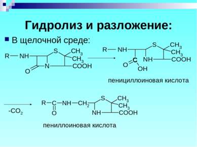 Гидролиз и разложение: В щелочной среде: пенициллоиновая кислота пениллоинова...