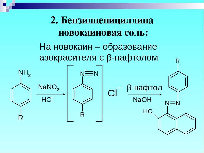 2. Бензилпенициллина новокаиновая соль: На новокаин – образование азокрасител...