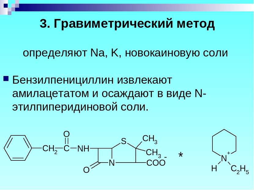 определяют Na, K, новокаиновую соли Бензилпенициллин извлекают амилацетатом и...