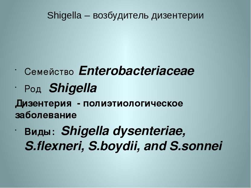 Shigella – возбудитель дизентерии Семейство Enterobacteriaceae Род Shigella Д...