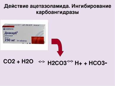 CO2 + H2O Действие ацетазоламида. Ингибирование карбоангидразы H2CO3 H+ + HCO...
