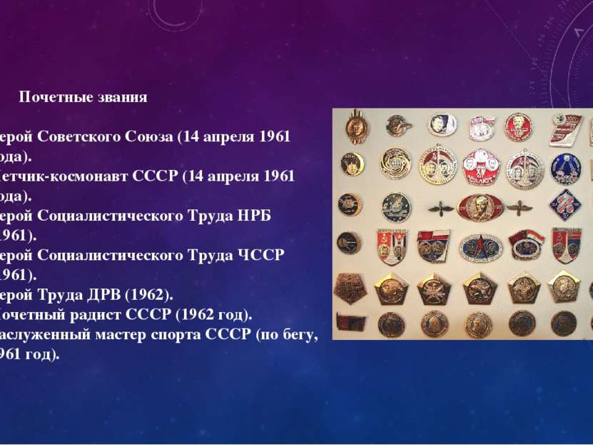 Почетные звания Герой Советского Союза (14 апреля 1961 года). Летчик-космонав...