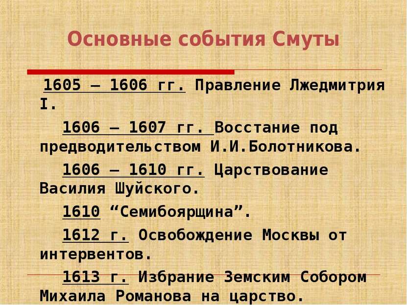 Основные события Смуты 1605 — 1606 гг. Правление Лжедмитрия I. 1606 — 1607 гг...