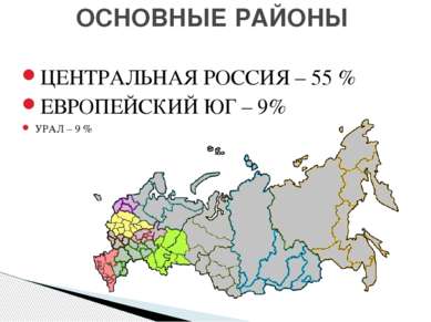 ОСНОВНЫЕ РАЙОНЫ ЦЕНТРАЛЬНАЯ РОССИЯ – 55 % ЕВРОПЕЙСКИЙ ЮГ – 9% УРАЛ – 9 %
