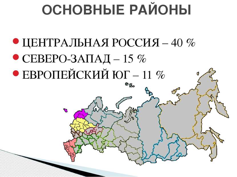 ОСНОВНЫЕ РАЙОНЫ ЦЕНТРАЛЬНАЯ РОССИЯ – 40 % СЕВЕРО-ЗАПАД – 15 % ЕВРОПЕЙСКИЙ ЮГ ...