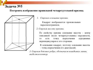 Задача №5 Построить изображение правильной четырехугольной призмы. Строим осн...
