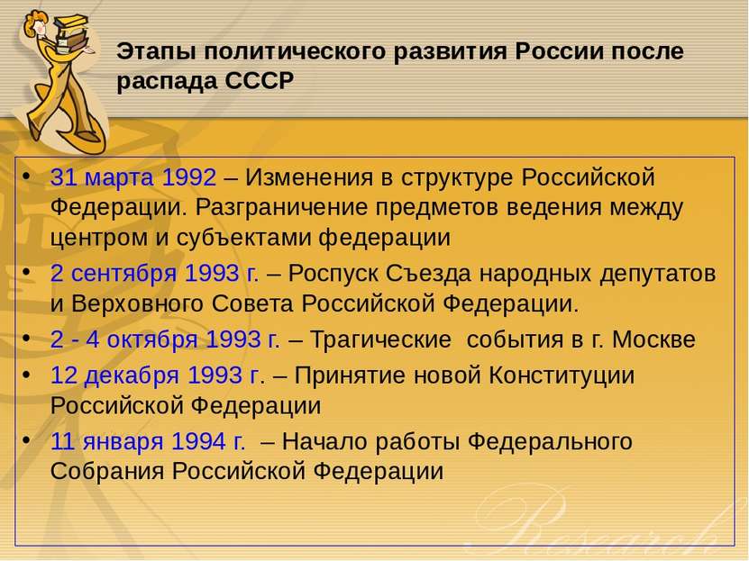 Этапы политического развития России после распада СССР 31 марта 1992 – Измене...