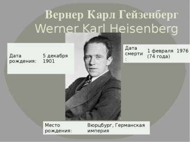 Вернер Карл Гейзенберг Werner Karl Heisenberg Дата рождения: 5 декабря 1901 М...