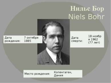 Нильс Бор Niels Bohr Дата рождения: 7 октября 1885 Место рождения: Копенгаген...