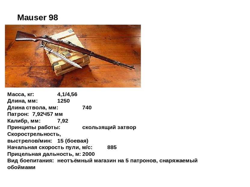 Mauser 98 Масса, кг: 4,1/4,56 Длина, мм: 1250 Длина ствола, мм: 740 Патрон: 7...