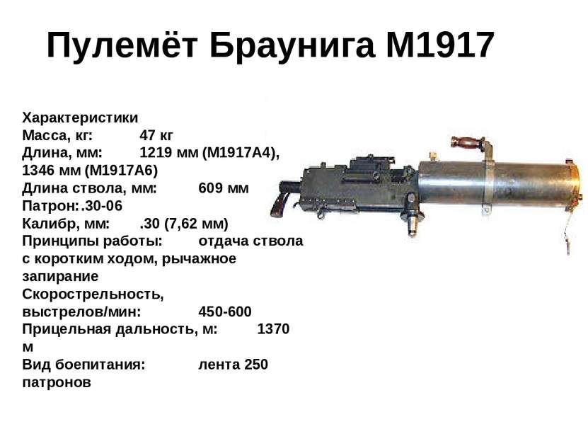 Пулемёт Браунига M1917 Характеристики Масса, кг: 47 кг Длина, мм: 1219 мм (M1...