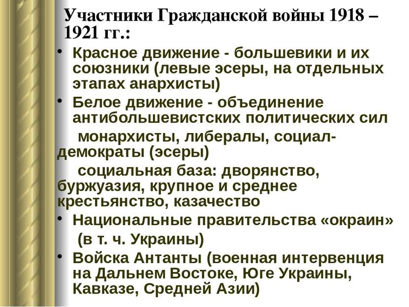Участники Гражданской войны 1918 – 1921 гг.: Красное движение - большевики и ...