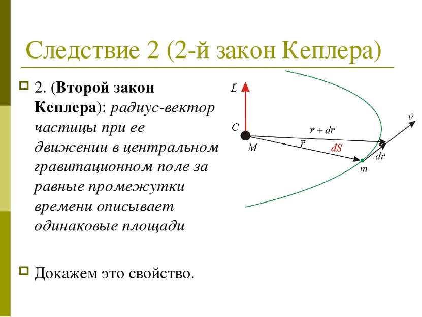 Следствие 2 (2-й закон Кеплера) 2. (Второй закон Кеплера): радиус-вектор част...