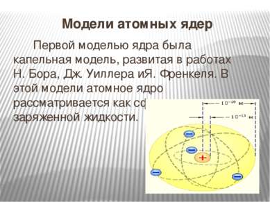 Модели атомных ядер   Первой моделью ядра была капельная модель, развитая в р...