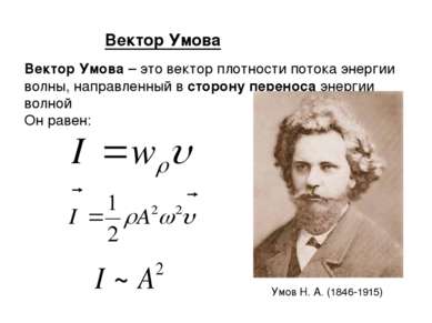 Вектор Умова Вектор Умова – это вектор плотности потока энергии волны, направ...