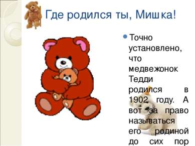 Где родился ты, Мишка! Точно установлено, что медвежонок Тедди родился в 1902...
