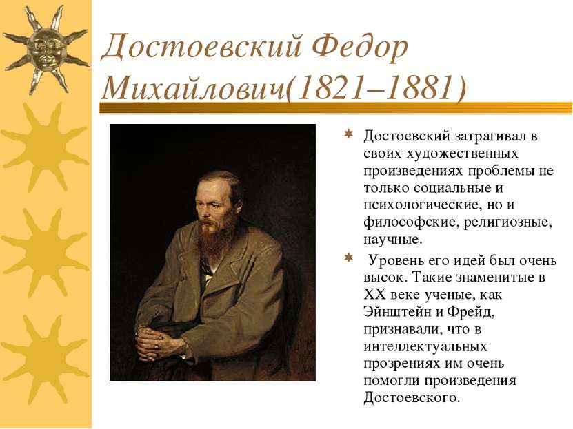 Достоевский Федор Михайлович(1821–1881) Достоевский затрагивал в своих художе...