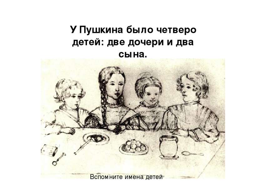 У Пушкина было четверо детей: две дочери и два сына. Вспомните имена детей