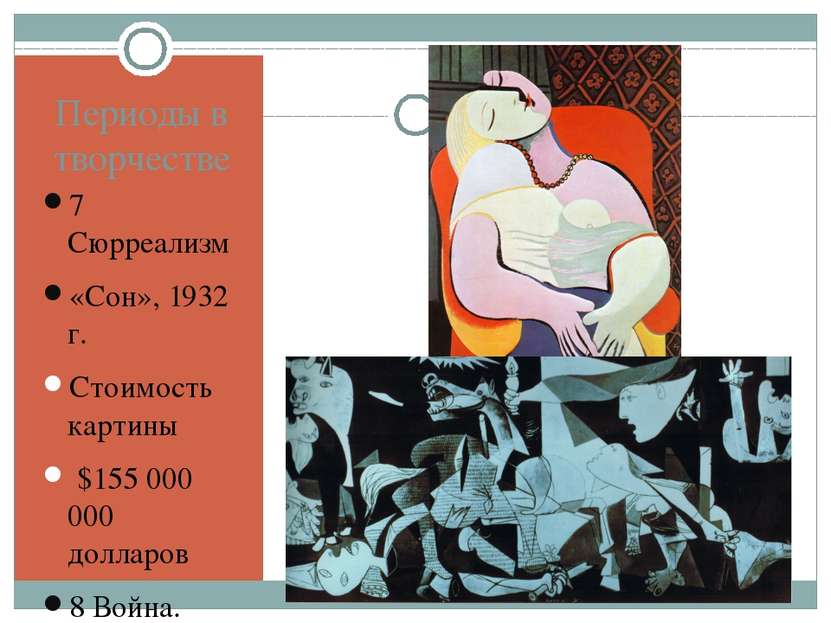 Периоды в творчестве 7 Сюрреализм «Сон», 1932 г. Стоимость картины $155 000 0...