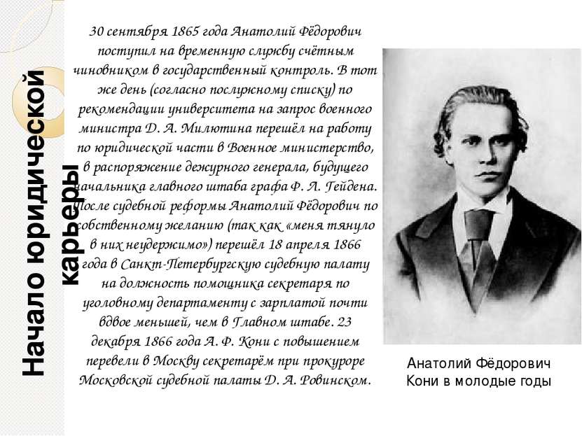 Начало юридической карьеры 30 сентября 1865 года Анатолий Фёдорович поступил ...