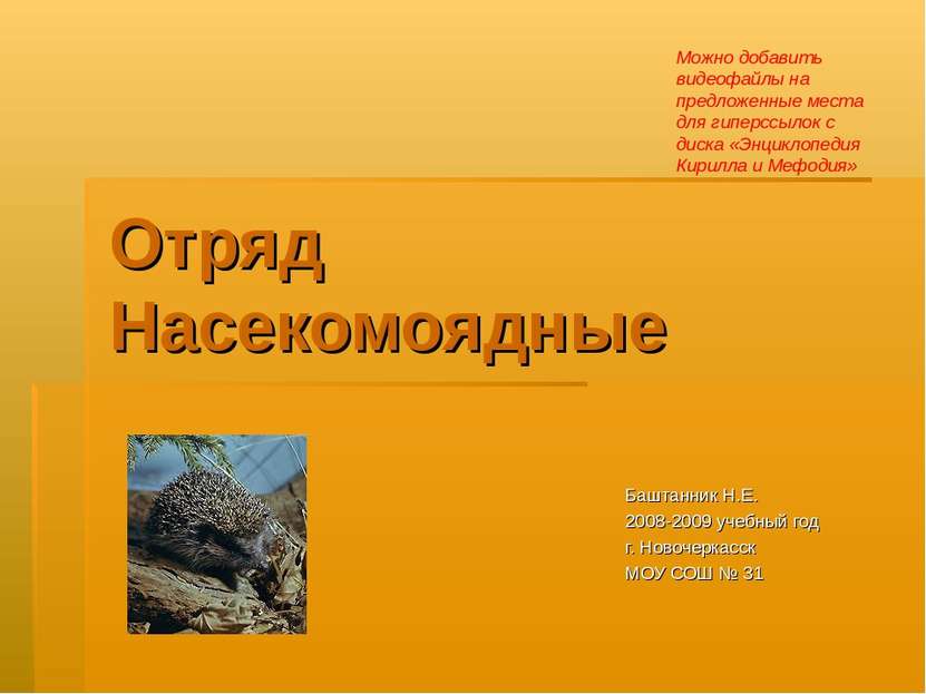 Отряд Насекомоядные Баштанник Н.Е. 2008-2009 учебный год г. Новочеркасск МОУ ...