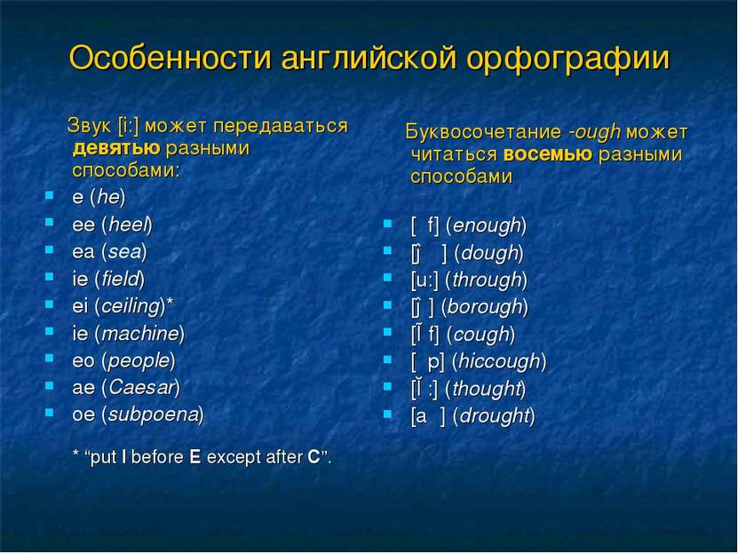 Особенности английской орфографии Звук [i:] может передаваться девятью разным...