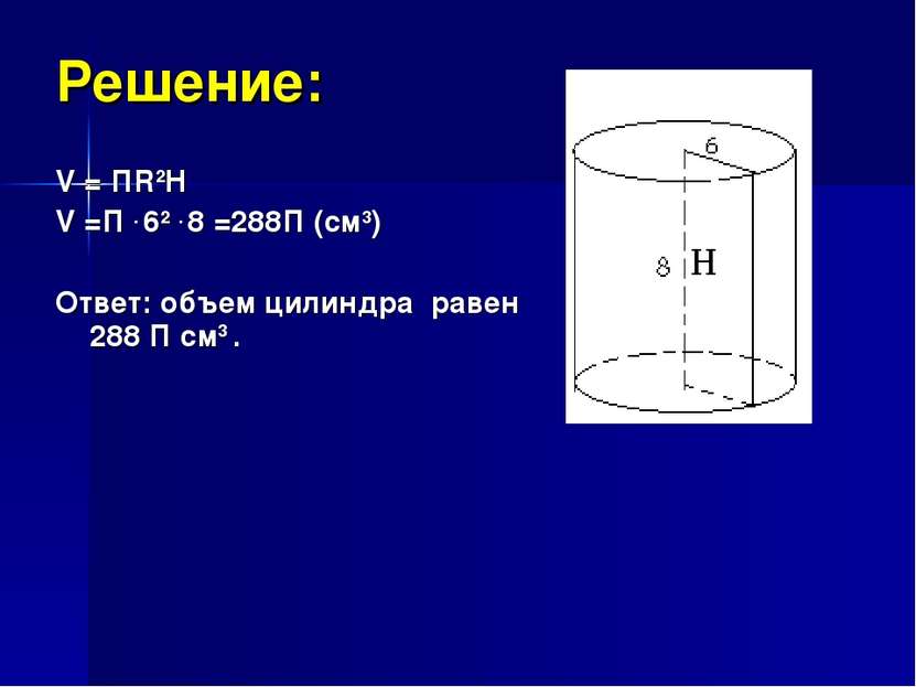 Решение: V = ПR2H V =П . 62 . 8 =288П (см3) Ответ: объем цилиндра равен 288 П...