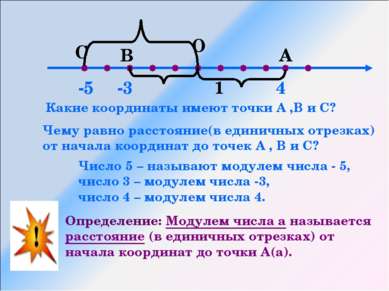 О 1 А В Какие координаты имеют точки А ,В и С? 4 -3 Чему равно расстояние(в е...