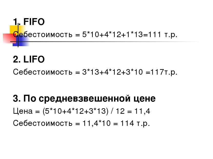 1. FIFO Себестоимость = 5*10+4*12+1*13=111 т.р. 2. LIFO Себестоимость = 3*13+...