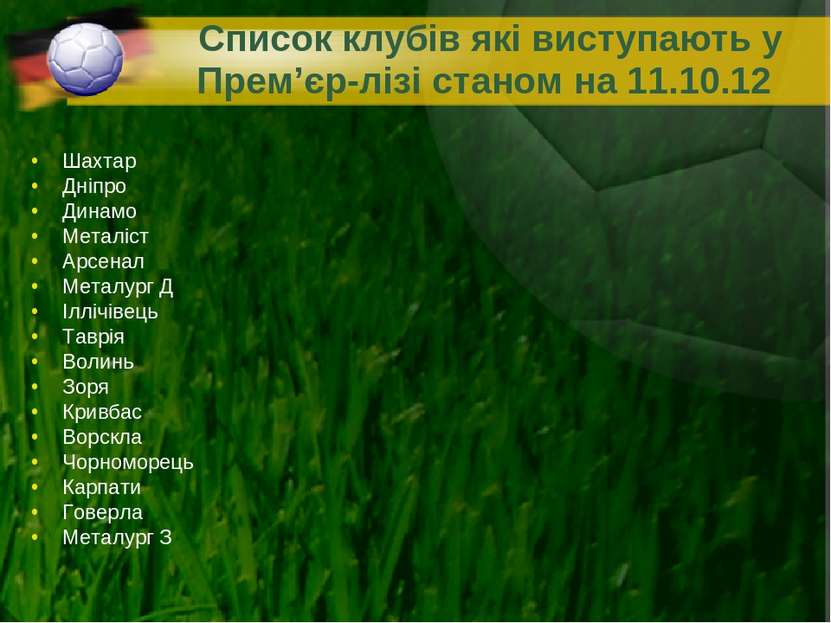 Список клубів які виступають у Прем’єр-лізі станом на 11.10.12 Шахтар Дніпро ...