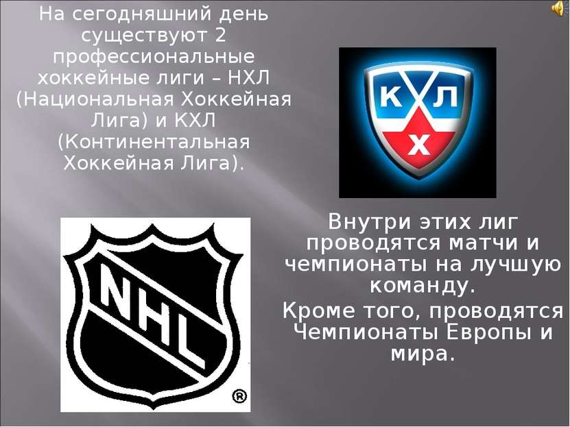 На сегодняшний день существуют 2 профессиональные хоккейные лиги – НХЛ (Нацио...