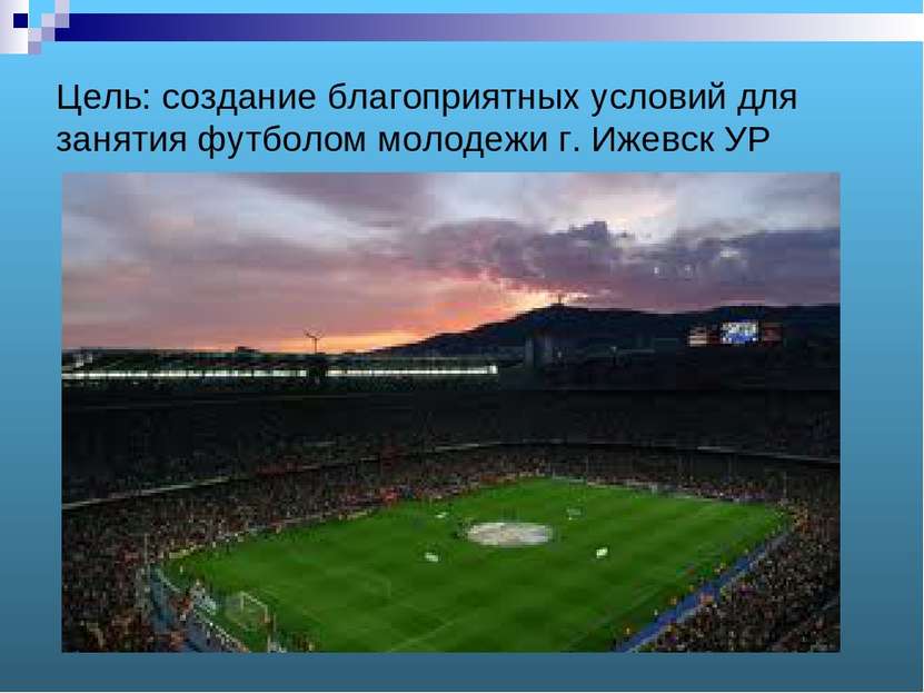 Цель: создание благоприятных условий для занятия футболом молодежи г. Ижевск УР