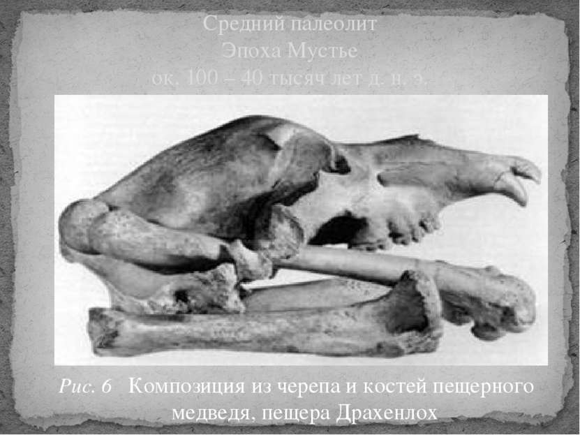 Рис. 6 Композиция из черепа и костей пещерного медведя, пещера Драхенлох Сред...