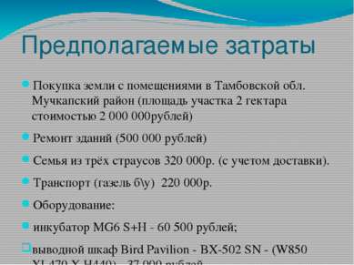 Предполагаемые затраты Покупка земли с помещениями в Тамбовской обл. Мучкапск...