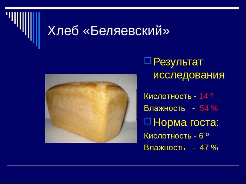 Хлеб «Беляевский» Результат исследования Кислотность - 14 º Влажность - 54 % ...