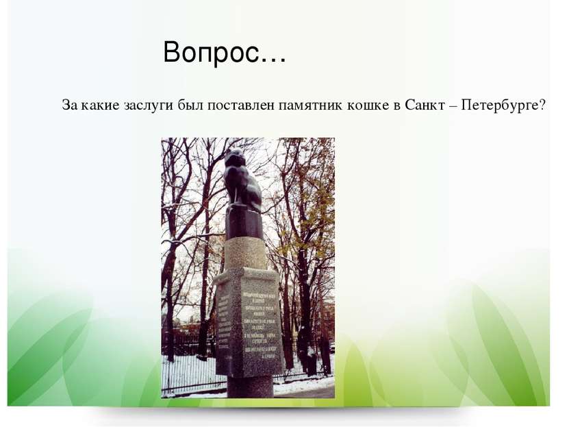 Вопрос… За какие заслуги был поставлен памятник кошке в Санкт – Петербурге?