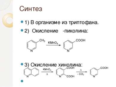 Синтез 1) В организме из триптофана. 2)  Окисление β-пиколина: 3) Окисление х...