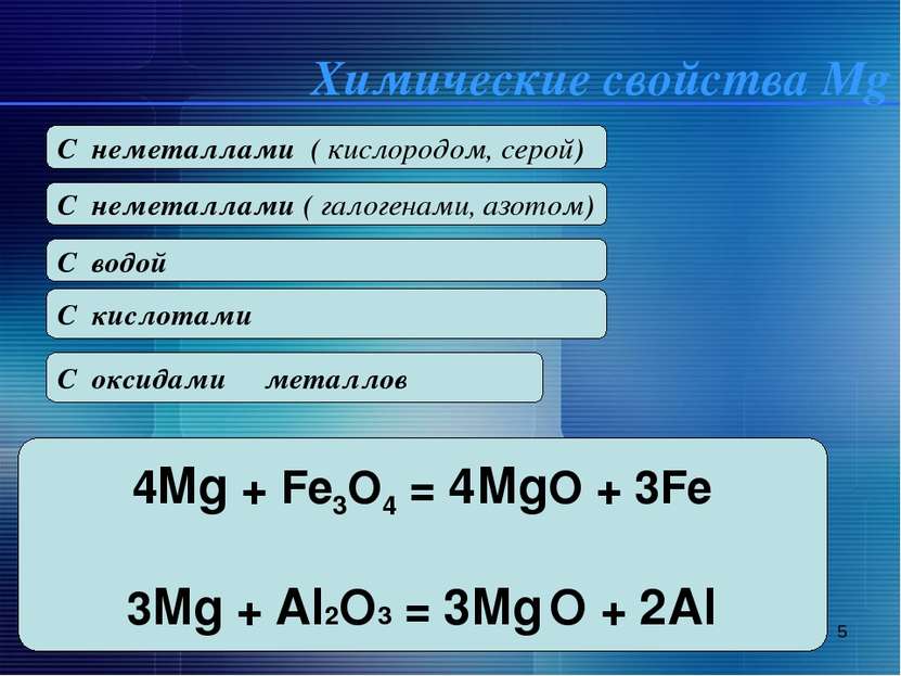 * 2Mg + O2 = 2MgO t Mg + S = Mg S C неметаллами ( кислородом, серой) Mg+ Cl2 ...