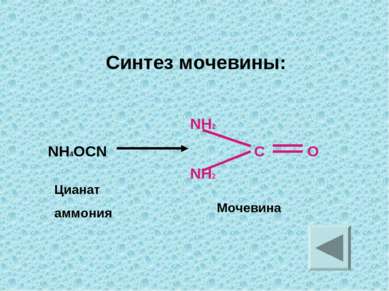 Синтез мочевины: NH2 NH4OCN C O NH2 Цианат аммония Мочевина