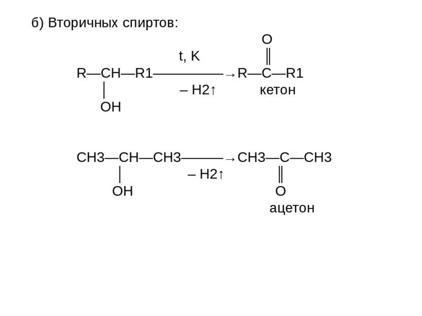 б) Вторичных спиртов: O t, K ║ R—CH—R1—————→R—C—R1 │ – H2↑ кетон OH СН3—СН—СН...