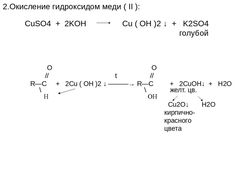 2.Окисление гидроксидом меди ( II ): CuSO4 + 2KOH Cu ( OH )2 ↓ + K2SO4 голубо...