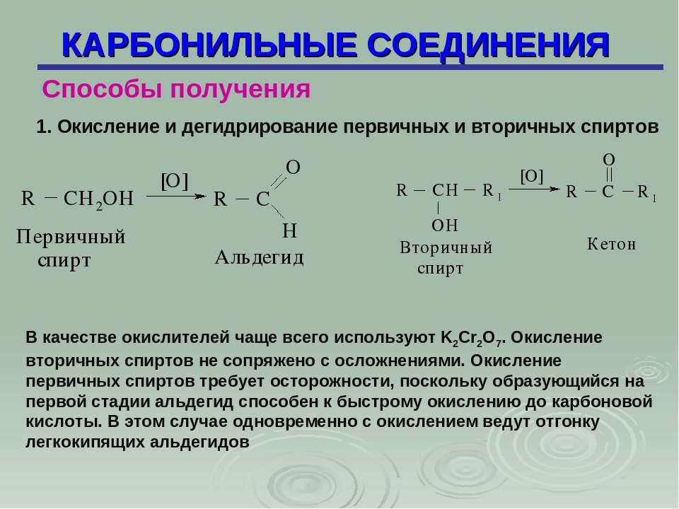 Получение соединений с помощью выданных. Алифатические и ароматические карбонильные соединения. Реакции окисления карбонильных соединений. Получение спиртов из карбонильных соединений. Окисление карбонильных соединений k2cr2o7.
