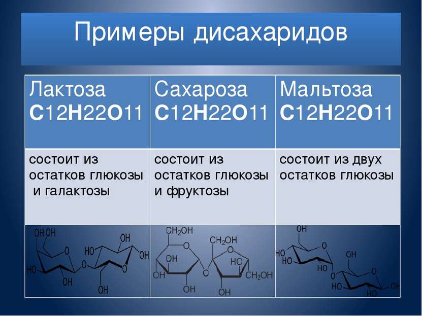 Примеры дисахаридов ЛактозаC12H22O11 СахарозаC12H22O11 МальтозаC12H22O11 сост...