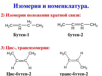 2) Изомерия положения кратной связи: Бутен-1 бутен-2 3) Цис-, трансизомерия: ...