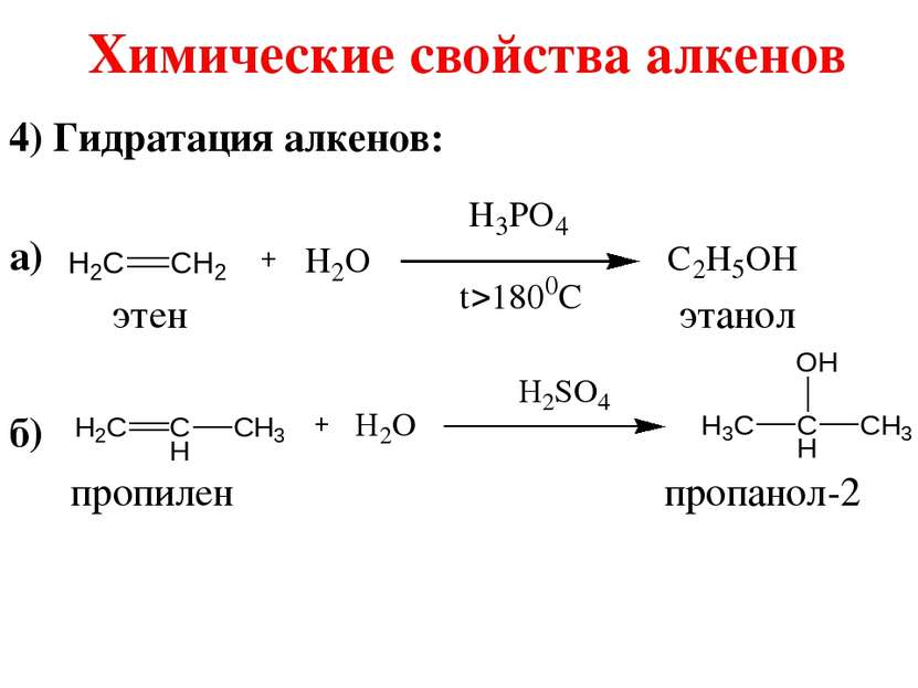 Химические свойства алкенов 4) Гидратация алкенов: а) этен этанол б) пропилен...