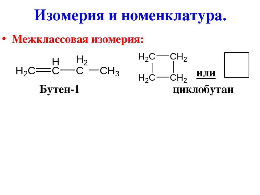 Межклассовая изомерия: или Бутен-1 циклобутан Изомерия и номенклатура.